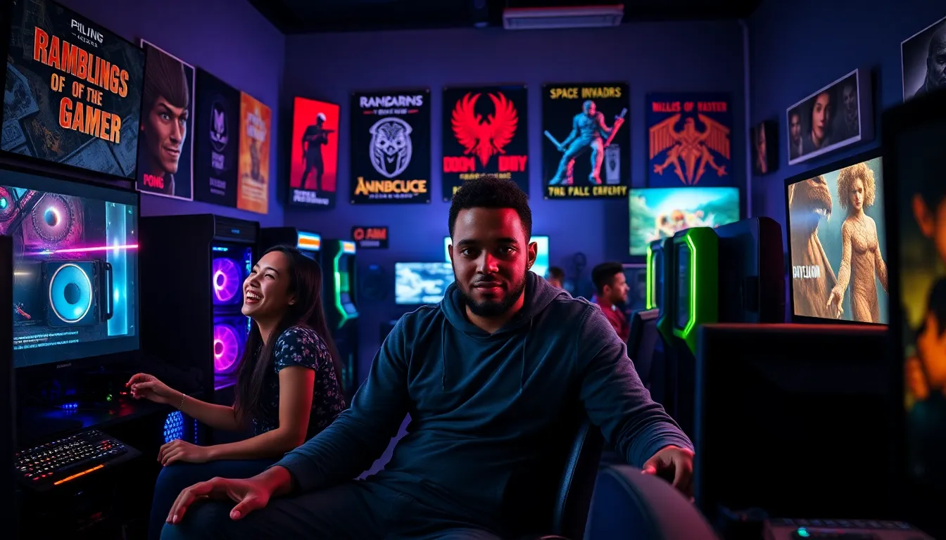 gamers playing on high-end PCs surrounded by vintage arcade games.